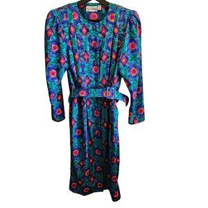 VTG Papell Boutique Floral Dress With Belt & Shoulder Pads Long Sleeve C Size